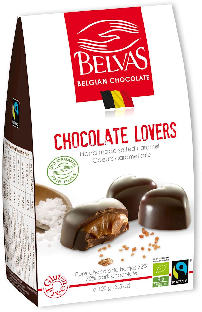 Czekoladki Belgijskie Serca z Karmelem i Solą Morską Fair Trade Bezglutenowe BIO (2 szt x 100 g)